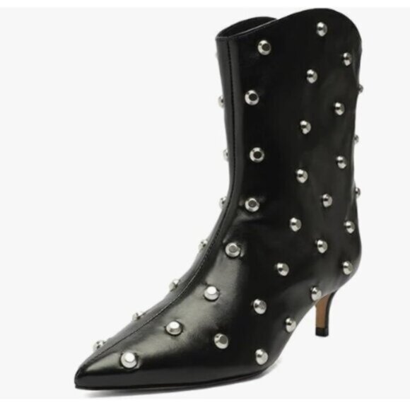 XYD Women Kitten Heel Cowboy Cowgirl Short Boots Pull On Rivets Studded Black - Picture 1 of 8
